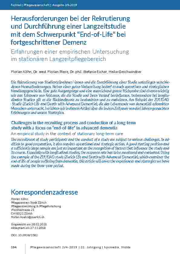 Herausforderungen bei der Rekrutierung und Durchführung einer Langzeitstudie mit dem Schwerpunkt “End-of-Life“ bei fortgeschrittener Demenz. Erfahrungen einer empirischen Untersuchung im stationären Langzeitpflegebereich