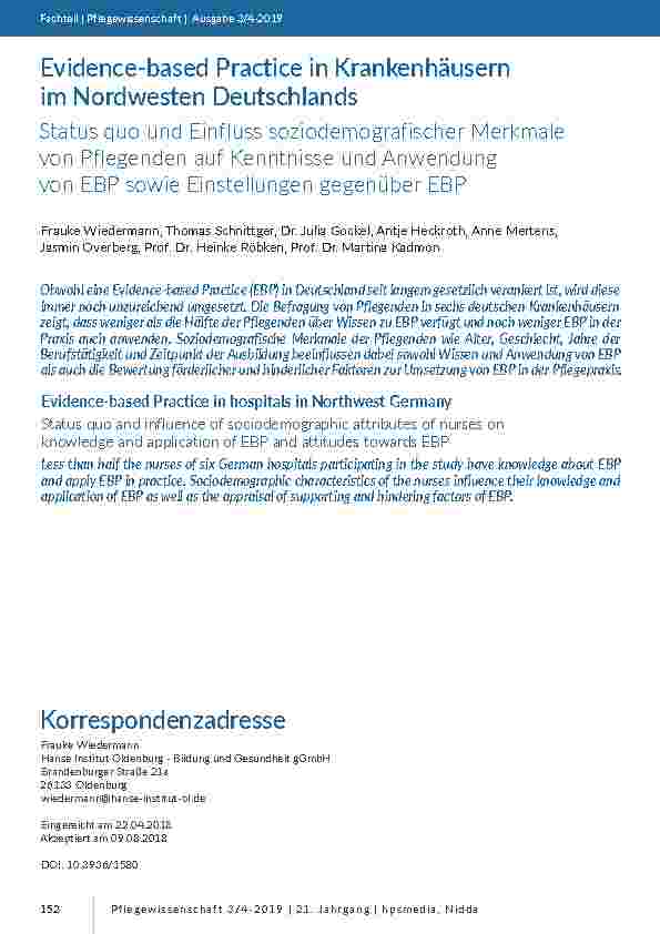 Evidence-based Practice in Krankenhäusern im Nordwesten Deutschlands. Status quo und Einfluss soziodemografischer Merkmale von Pflegenden auf Kenntnisse und Anwendung von EBP sowie Einstellungen gegenüber EBP