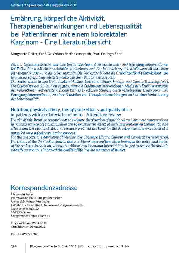 Ernährung, körperliche Aktivität, Therapienebenwirkungen und Lebensqualität bei PatientInnen mit einem kolorektalen Karzinom - Eine Literaturübersicht