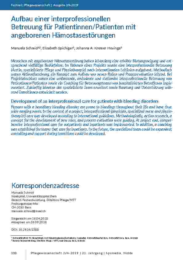 Aufbau einer interprofessionellen Betreuung für Patientinnen/Patienten mit angeborenen Hämostasestörungen