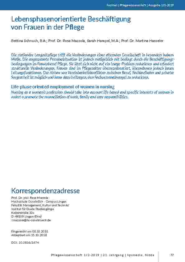 Lebensphasenorientierte Beschäftigung von Frauen in der Pflege