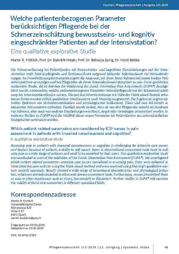 Welche patientenbezogenen Parameter berücksichtigen Pflegende bei der Schmerzeinschätzung bewusstseinsund kognitiv eingeschränkter Patienten auf der Intensivstation? Eine qualitative explorative Studie