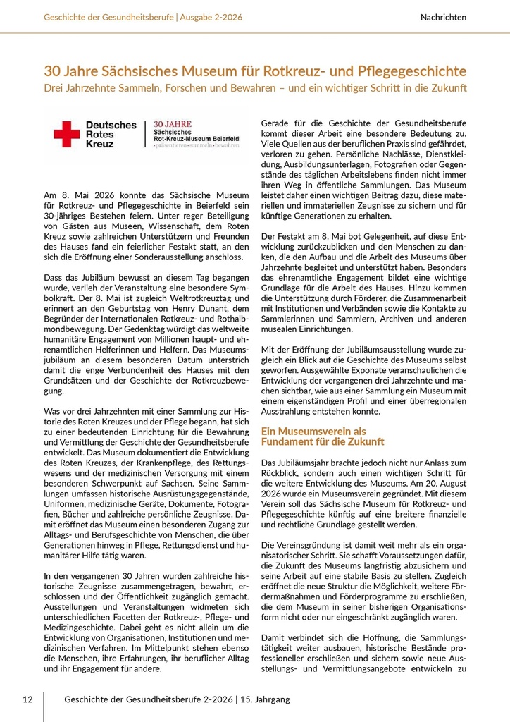 30 Jahre Sächsisches Museum für Rotkreuz- und Pflegegeschichte – Das Journal für historische Forschung der Pflege- und Gesundheitsberufe