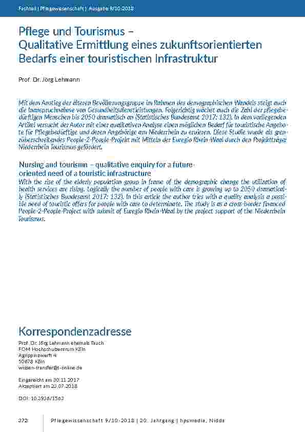 Pflege und Tourismus – Qualitative Ermittlung eines zukunftsorientierten Bedarfs einer touristischen Infrastruktur