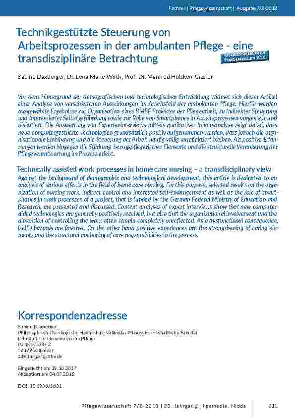 Technikgestützte Steuerung von Arbeitsprozessen in der ambulanten Pflege - eine transdisziplinäre Betrachtung
