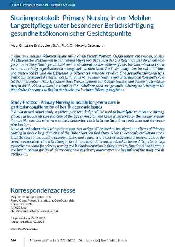 Studienprotokoll: Primary Nursing in der Mobilen Langzeitpflege unter besonderer Berücksichtigung gesundheitsökonomischer Gesichtspunkte