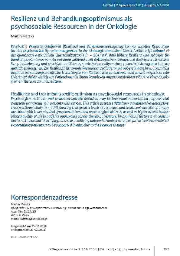 Resilienz und Behandlungsoptimismus als psychosoziale Ressourcen in der Onkologie