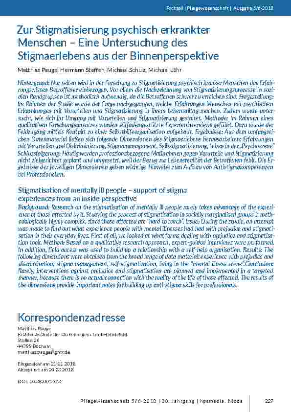 Zur Stigmatisierung psychisch erkrankter Menschen – Eine Untersuchung des Stigmaerlebens aus der Binnenperspektive