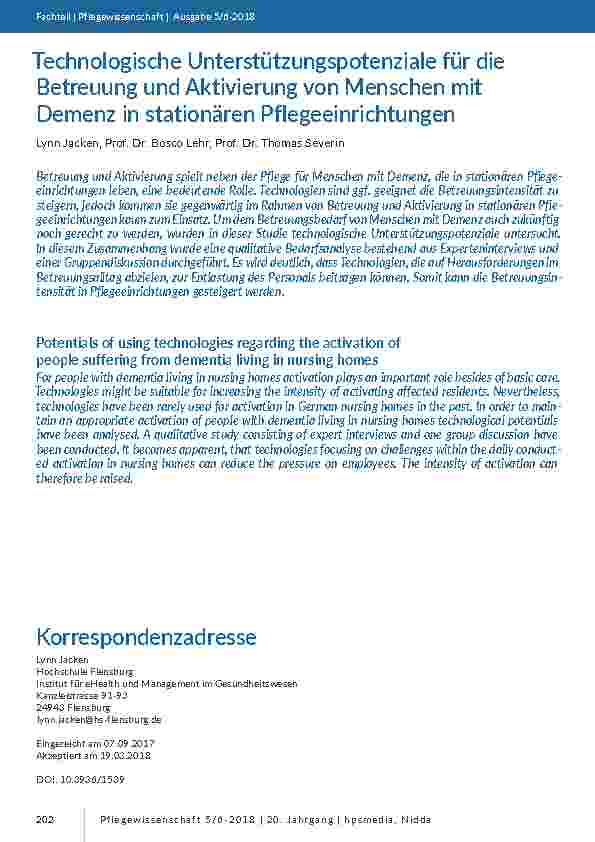 Technologische Unterstützungspotenziale für die Betreuung und Aktivierung von Menschen mit Demenz in stationären Pflegeeinrichtungen