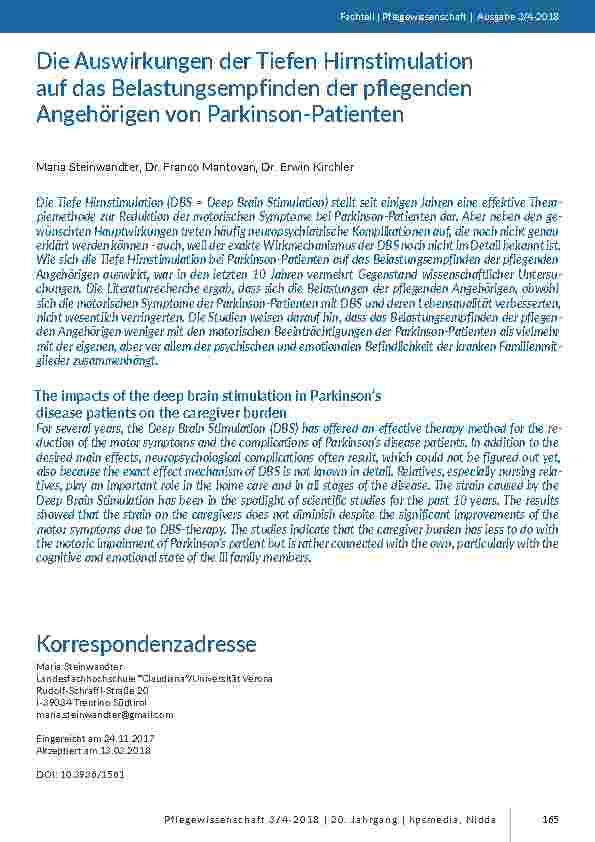 Die Auswirkungen der Tiefen Hirnstimulation auf das Belastungsempfinden der pflegenden Angehörigen von Parkinson-Patienten