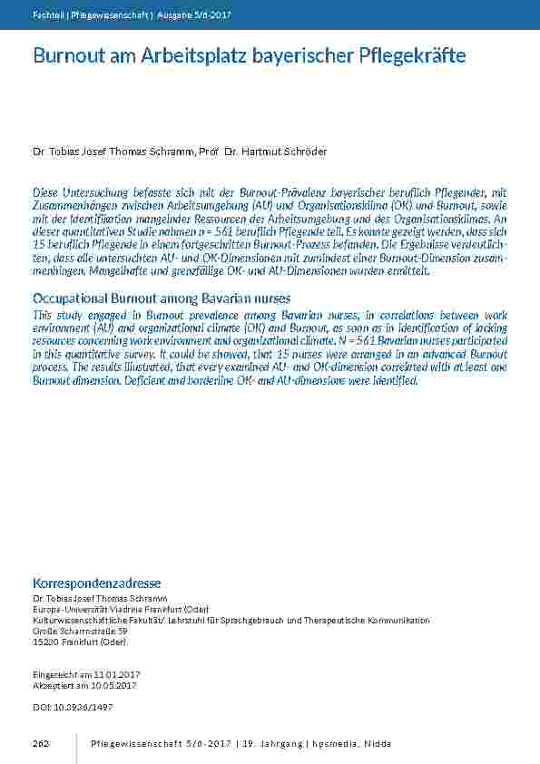 Burnout am Arbeitsplatz bayerischer Pflegekräfte