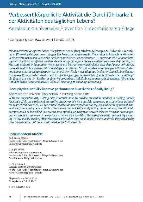 Verbessert körperliche Aktivität die Durchführbarkeit der Aktivitäten des täglichen Lebens? Ansatzpunkt universeller Prävention in der stationären Pflege
