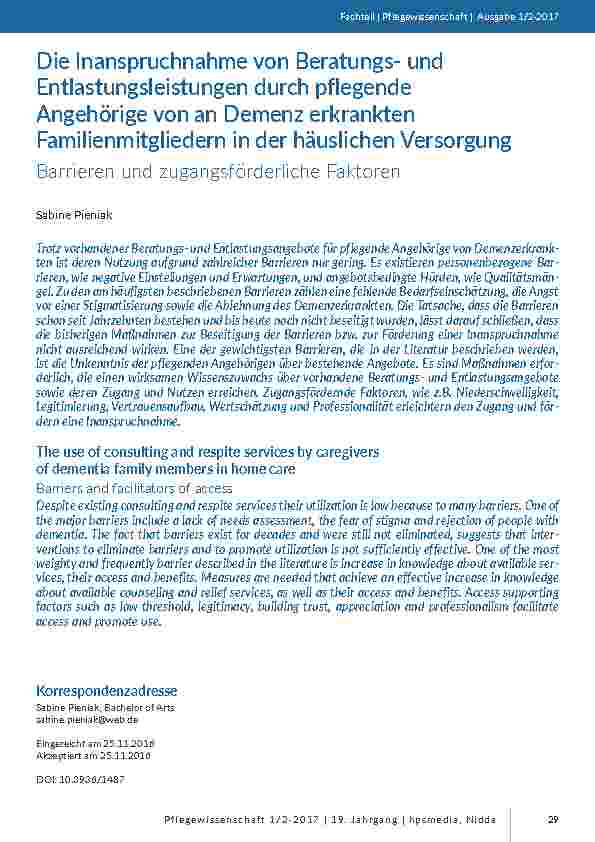 Die Inanspruchnahme von Beratungsund Entlastungsleistungen durch pflegende Angehörige von an Demenz erkrankten Familienmitgliedern in der häuslichen Versorgung