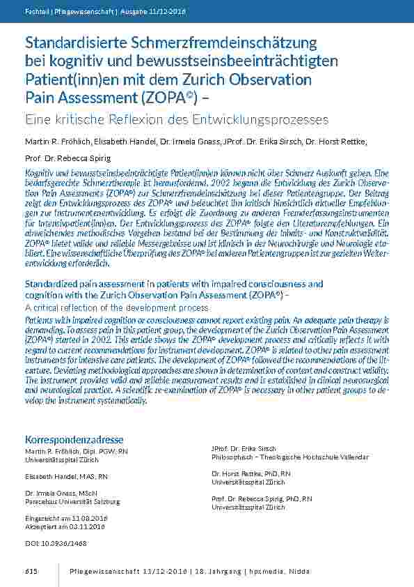 Standardisierte Schmerzfremdeinschätzung bei kognitiv und bewusstseinsbeeinträchtigten Patient(inn)en mit dem Zurich Observation Pain Assessment (ZOPA©) – Eine kritische Reflexion des Entwicklungsprozesses