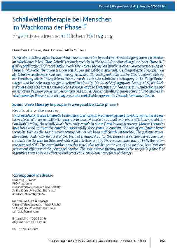 Schallwellentherapie bei Menschen im Wachkoma der Phase F. Ergebnisse einer schriftlichen Befragung
