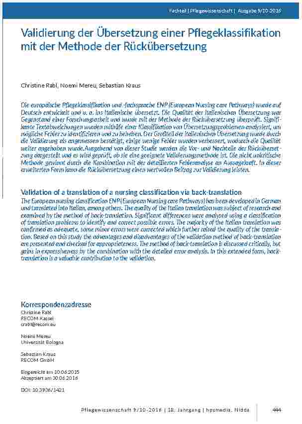 Validierung der Übersetzung einer Pflegeklassifikation mit der Methode der Rückübersetzung