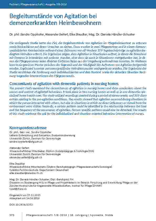 Begleitumstände von Agitation bei demenzerkrankten Heimbewohnern