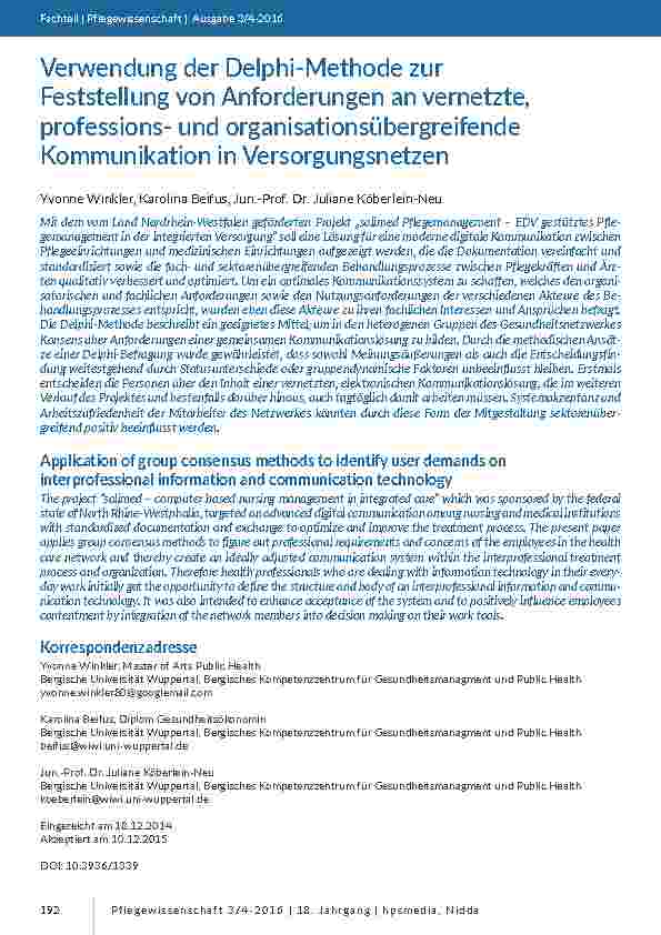 Verwendung der Delphi-Methode zur Feststellung von Anforderungen an vernetzte, professionsund organisationsübergreifende Kommunikation in Versorgungsnetzen