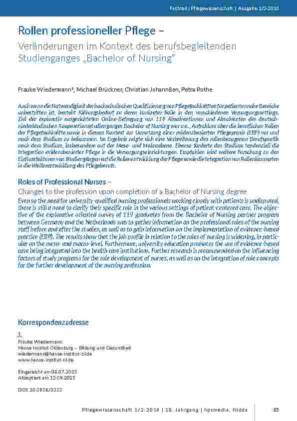 Rollen professioneller Pflege – Veränderungen im Kontext des berufsbegleitenden Studienganges „Bachelor of Nursing“