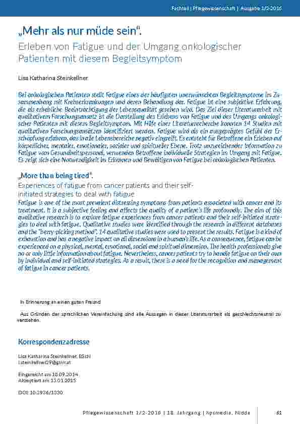 „Mehr als nur müde sein“. Erleben von Fatigue und der Umgang onkologischer Patienten mit diesem Begleitsymptom