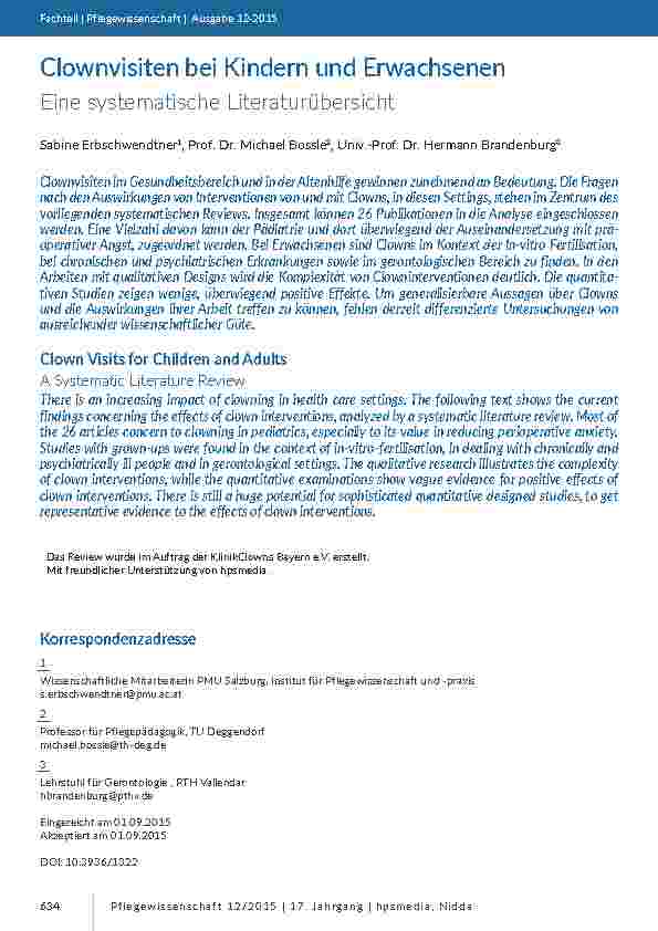 Clownvisiten bei Kindern und Erwachsenen. Eine systematische Literaturübersicht