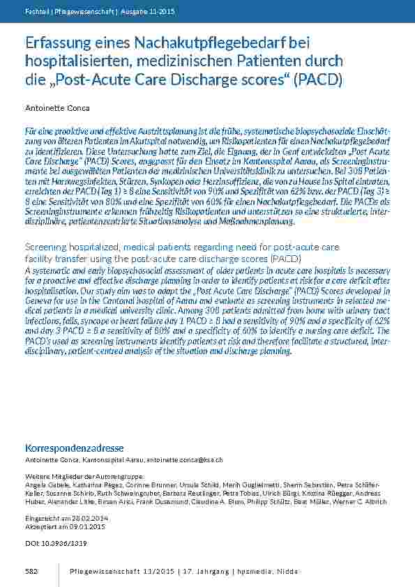 Erfassung eines Nachakutpflegebedarf bei hospitalisierten, medizinischen Patienten durch die „Post-Acute Care Discharge scores“ (PACD)