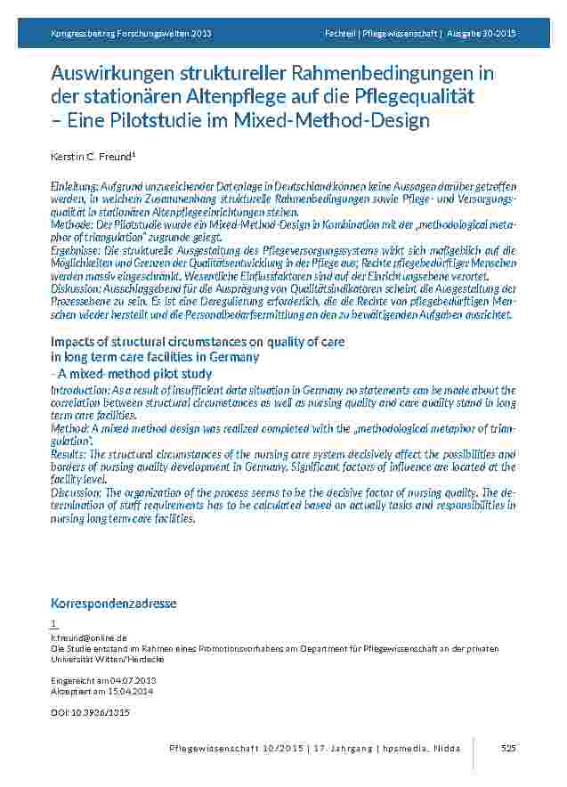 Auswirkungen struktureller Rahmenbedingungen in der stationären Altenpflege auf die Pflegequalität – Eine Pilotstudie im Mixed-Method-Design