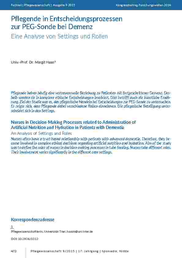 Pflegende in Entscheidungsprozessen zur PEG-Sonde bei Demenz. Eine Analyse von Settings und Rollen
