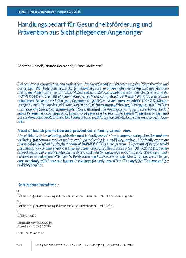 Handlungsbedarf für Gesundheitsförderung und Prävention aus Sicht pflegender Angehöriger