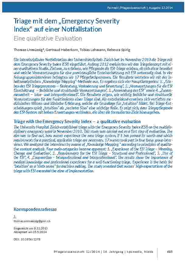 Triage mit dem „Emergency Severity Index“ auf einer NotfallstationrEine qualitative Evaluation