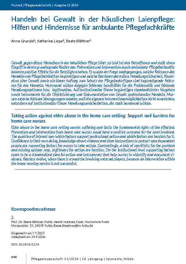 Handeln bei Gewalt in der häuslichen Laienpflege: Hilfen und Hindernisse für ambulante Pflegefachkräfte