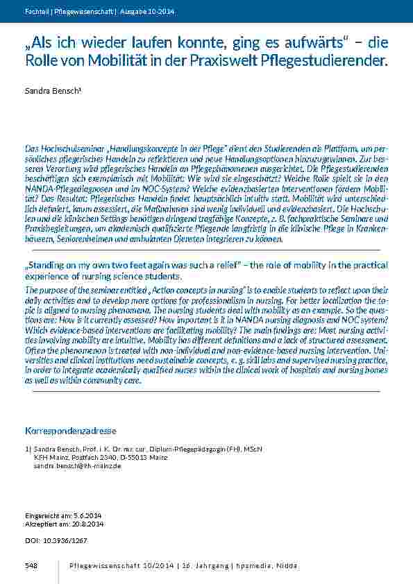 „Als ich wieder laufen konnte, ging es aufwärts“ - die Rolle von Mobilität in der Praxiswelt Pflegestudierender.