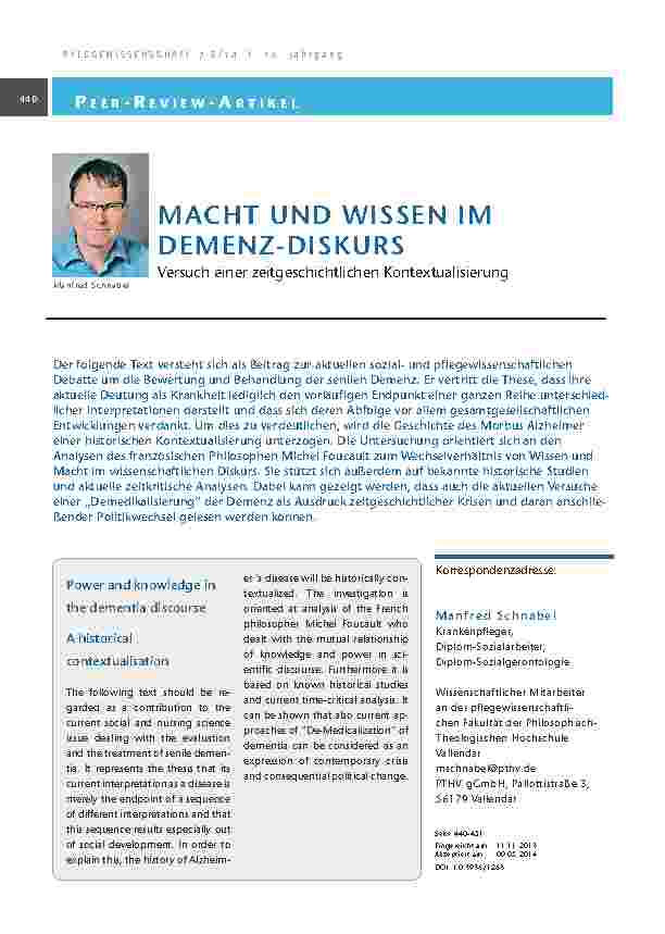 Macht und Wissen im Demenz-Diskurs - Versuch einer zeitgeschichtlichen Kontextualisierung