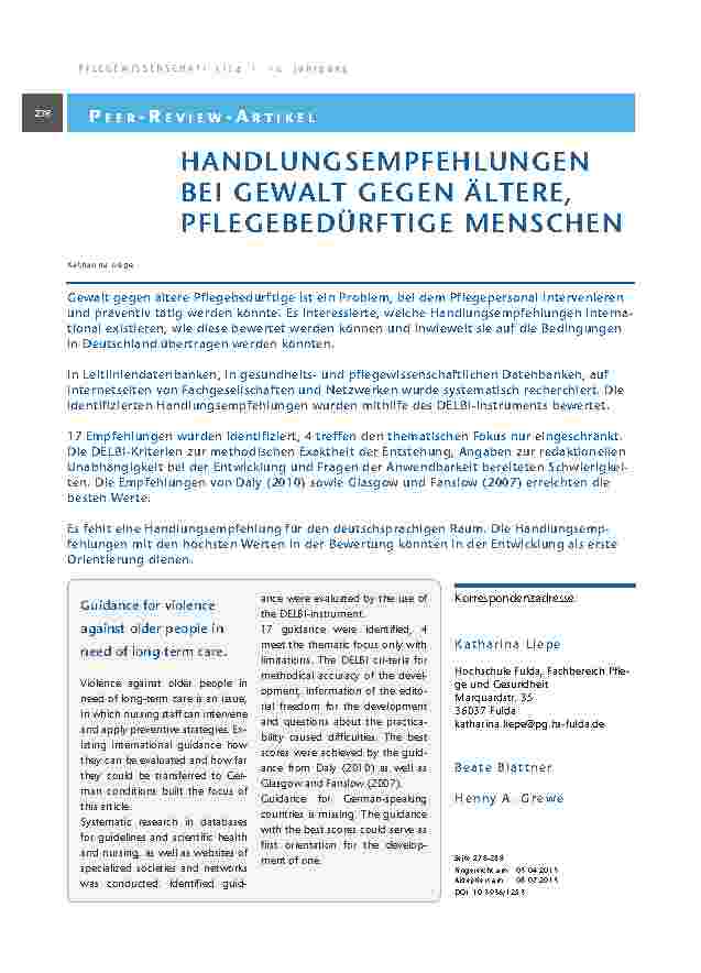 Handlungsempfehlungen bei Gewalt gegen ältere, pflegebedürftige Menschen