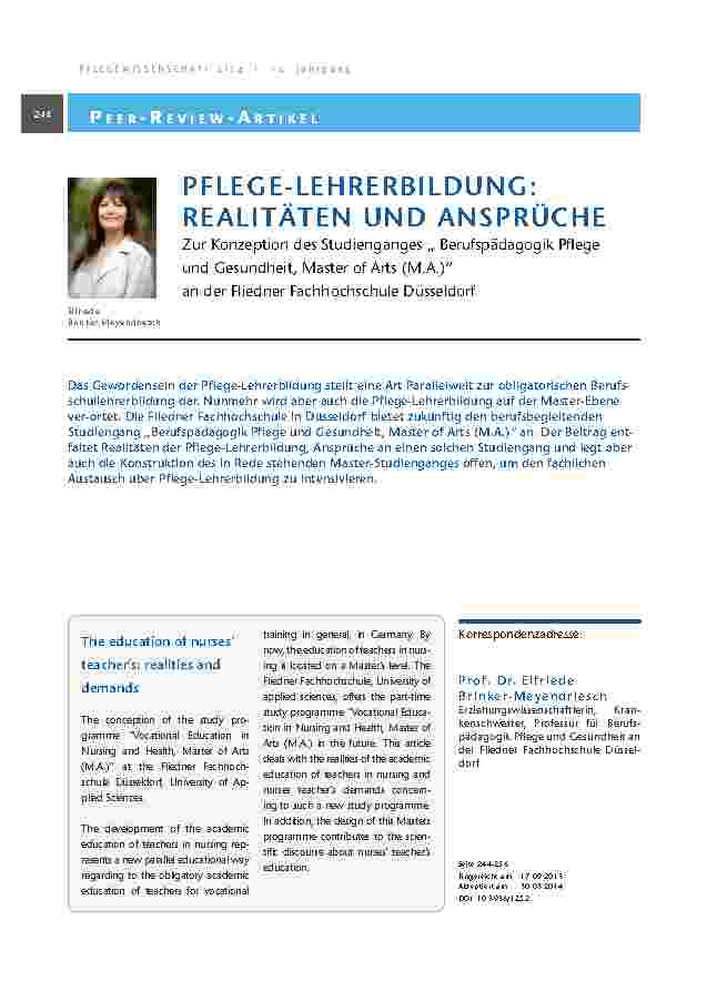Pflege-Lehrerbildung: Realitäten und Ansprüche. Zur Konzeption des Studienganges „ Berufspädagogik Pflege und Gesundheit, Master of Arts (M.A.)“ an der Fliedner Fachhochschule Düsseldorf