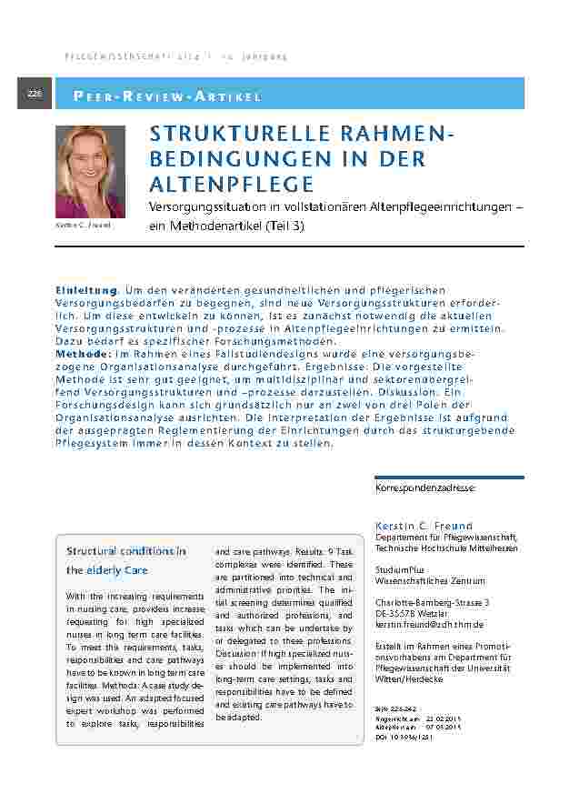 Strukturelle Rahmen-bedingungen in der Altenpflege. Versorgungssituation in vollstationären Altenpflegeeinrichtungen – ein Methodenartikel
