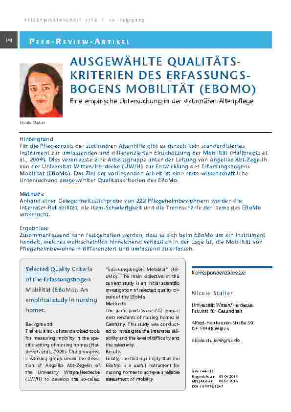 Ausgewählte Qualitätskriterien des Erfassungsbogens Mobilität (EBoMo)